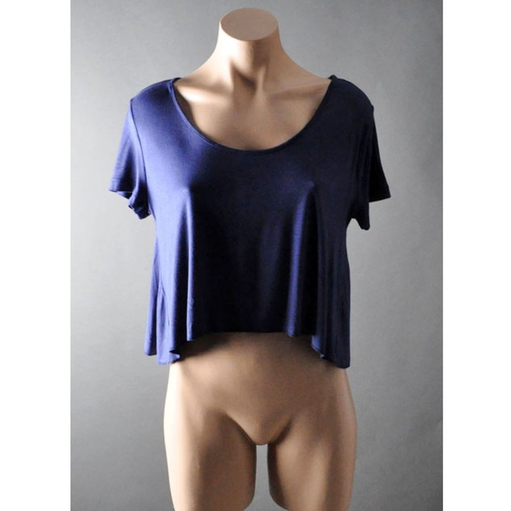 Navy Blue Casual Round Scoop Neck Crop Top Tee Short Sleeve Soft Summer T-Shirt